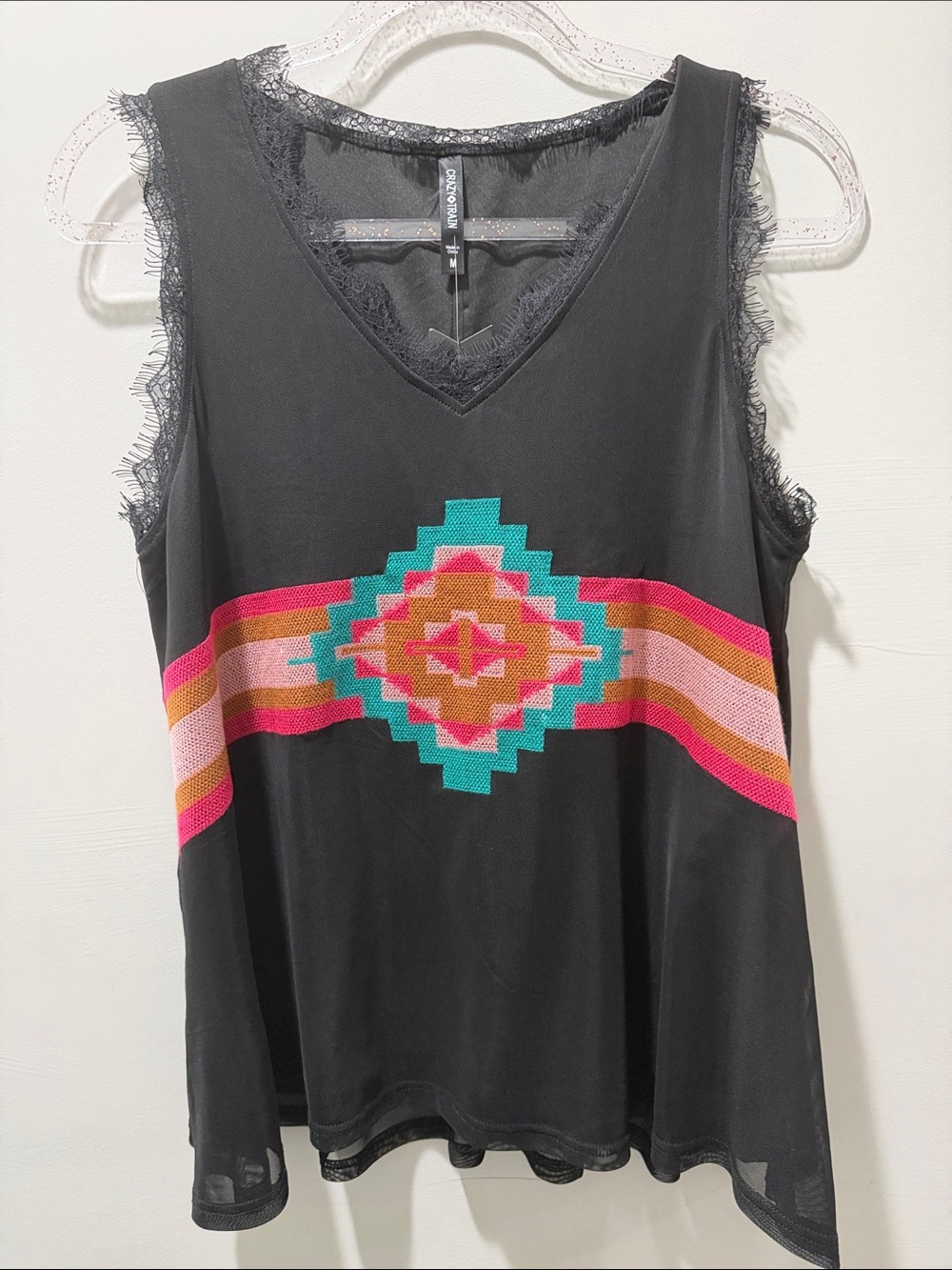 Crazy Train Black Tank with Turquoise, Pink & Orange Southwestern Stripe
